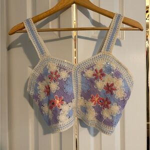 Crochet Purple and White Crop Top with flowers - size S